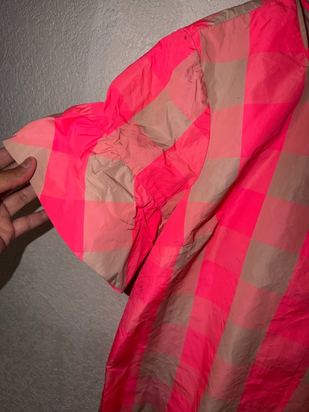 J. Crew Neon Pink and Beige Check Puff-Sleeve Blouse - Picture 2 of 4